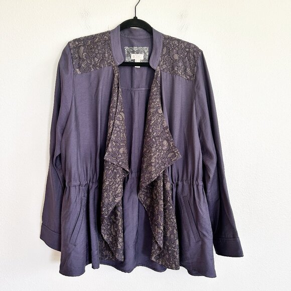 Logo Lori Goldstein Jacket 16 Blue Lace Open Front Flowy Waist Cinch - Picture 1 of 11